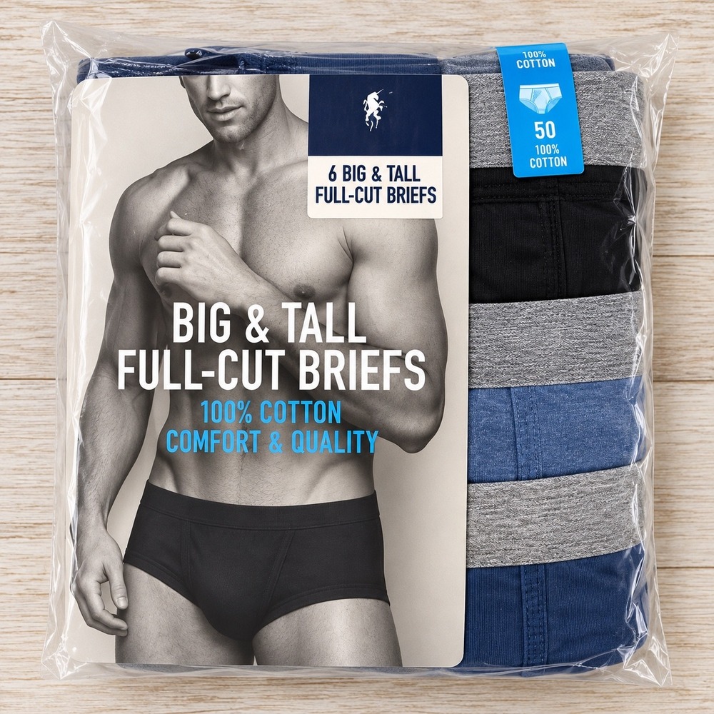 Stafford Mens Big & Tall Full-Cut Briefs 6-Pack 100% Cotton Blue Black Grey 50